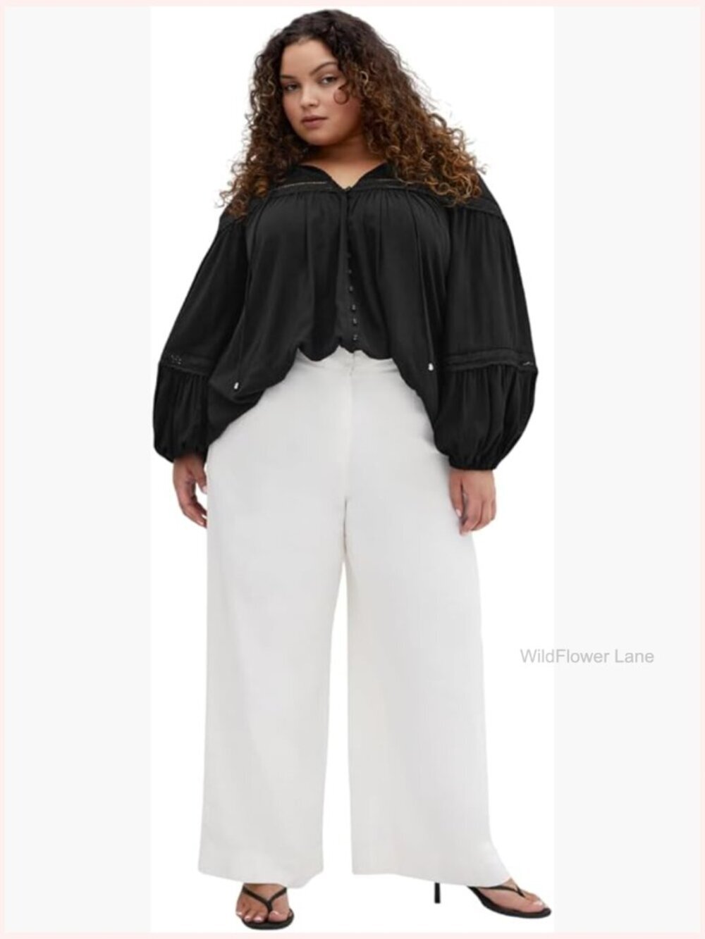 Plus Size Button Down Shirt with Lace Embroidery - Tie Neck Long Sleeve Blouse